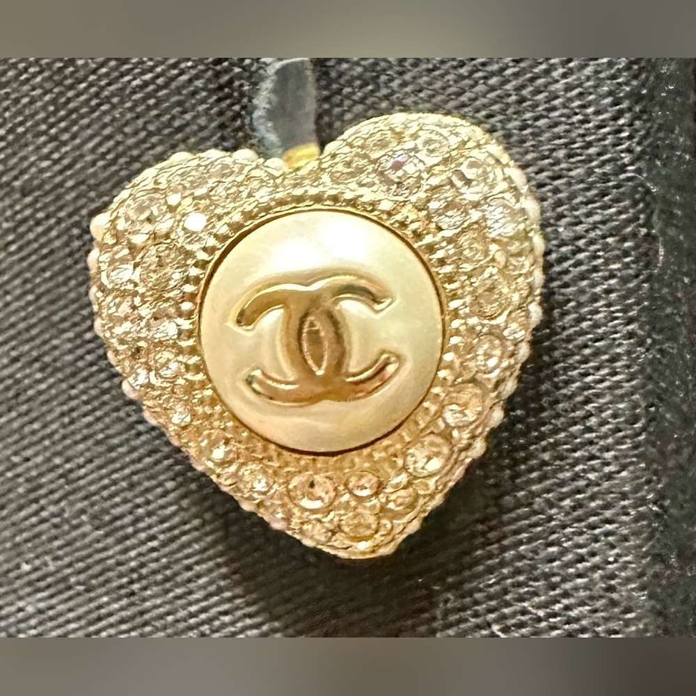 Chanel 22B Heart Crystal Gold Pearl CC Logo Statement Stud Earrings